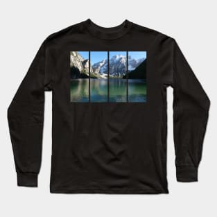 The fabulous alpine lake of Braies in the Dolomites (Bolzano). Lovely place in the Italian Alps. Boats on the water. Reflections in the water. Sunny spring day. Trentino Alto Adige Long Sleeve T-Shirt